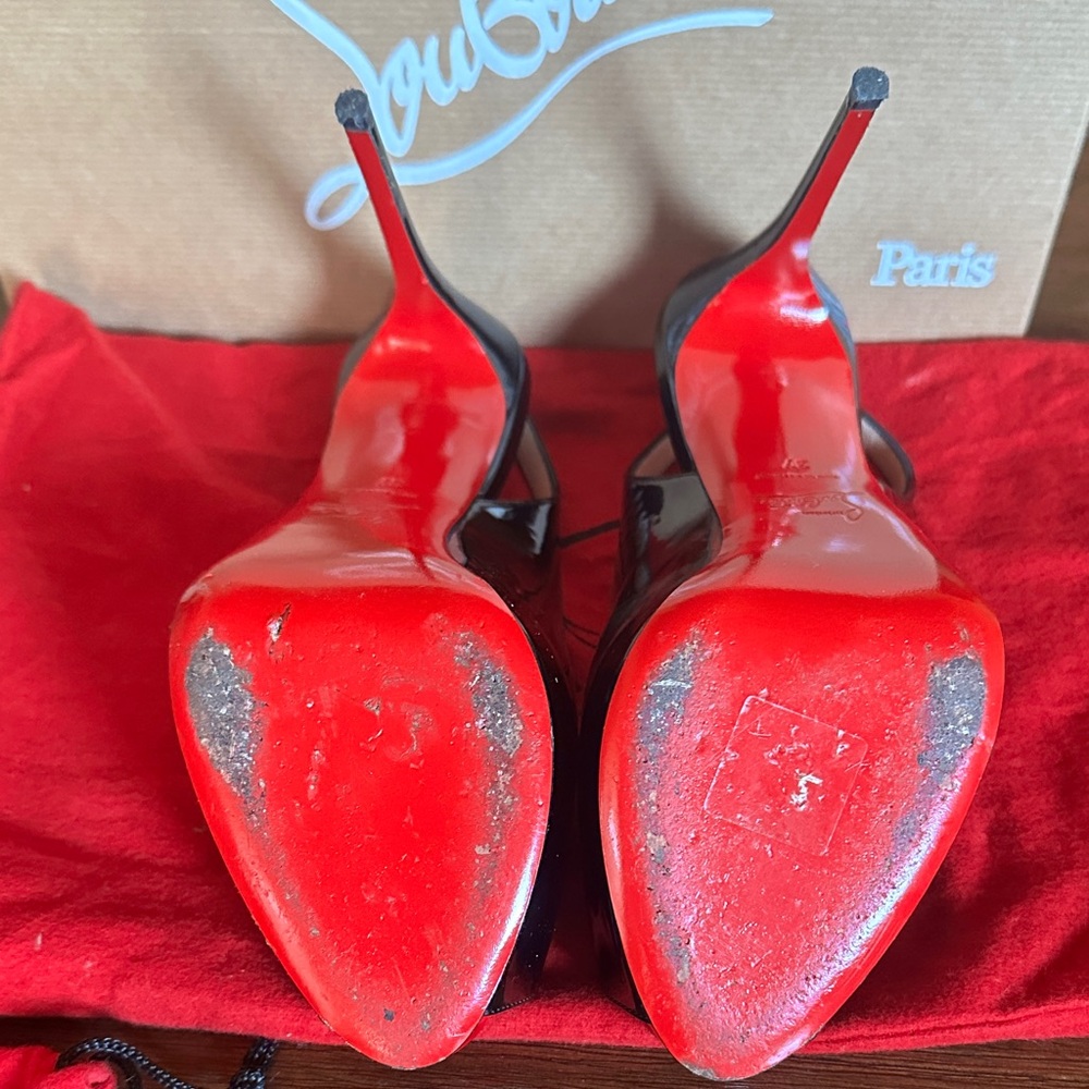 Christian Louboutin Black Patent Peep Toe Heels with Red Accents - Picture 4 of 6